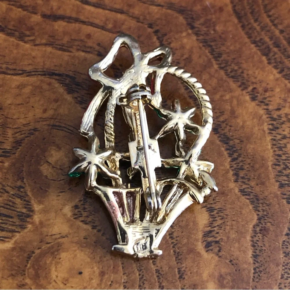 Vintage Christmas floral basket enamel brooch